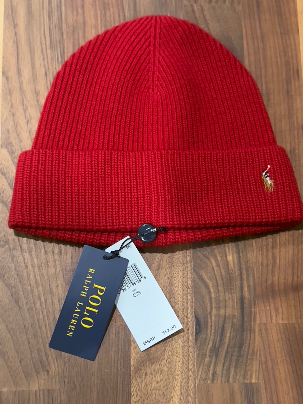 Ralph Lauren Red Ribbed Beanie with Polo Pony Embroidery NWT